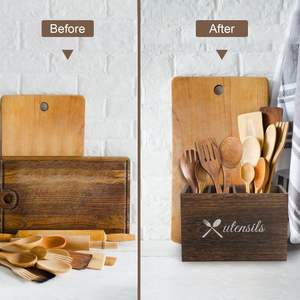 Organizador de soporte para utensilios de cocina de madera con 4 divisores ajustables Organizador de cubiertos Utensilios de granja Caddy Crock - Product Image 5