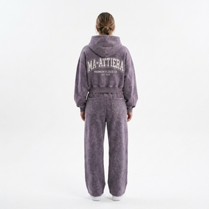 Conjunto de Sudadera Corta Morada Lavada y Pantalones Jogger de Pierna Ancha para Mujer, de Algodón y Felpa, Estilo Urbano, Venta al por Mayor OEM - Product Image 2