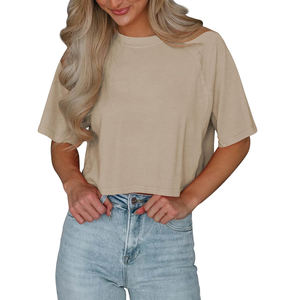 Camisetas cortas de alta calidad para mujer, ropa de Yoga de algodón 100%, Top corto ajustado, Top corto transpirable de manga corta, camisetas para mujer - Product Image 4