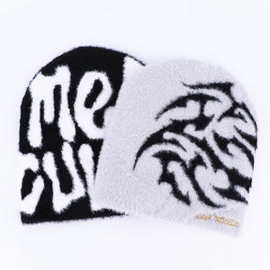 Quality Custom Embroidery <b>Winter</b> Beanie <b>Hat</b> Cap Furry Knitted Jacquard Cuffless Mohair Material Fashionable Casual Style - Product Image 3