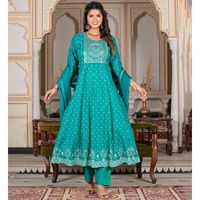 Ensemble Anarkali Kurta pour femme, vert, imprimé floral délavé, avec pantalon et dupatta, en rayonne et georgette, style décontracté d'été, Salwar indien