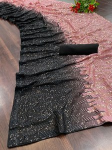 Sari Georgette de color rosa con trabajo de bordado de secuencia Diseñador Función DE BODA Usar Sari, Ropa de fiesta Sari, Traje de diseñador - Product Image 5