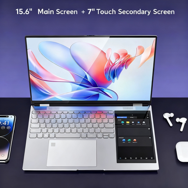 2025 New 15.6 Inch 7 Inch Touch Dual Screen Metal Business Laptop 16GB 1TB SSD Intel Celeron 5095 120Hz
