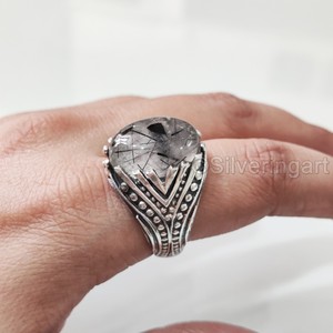 Bague en argent sterling 925 pour homme, avec pierre précieuse naturelle quartz rutile noir, pierre de naissance de avril, bijoux arabes de Noël, vente en gros - Product Image 3