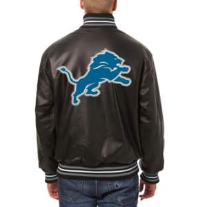 Veste de baseball universitaire en cuir noir Detroit Lions, modèle JH Design, pour homme, de haute qualité, avec fermeture à boutons pression, collection 2025, personnalisable pour équipes. - Product Image 2