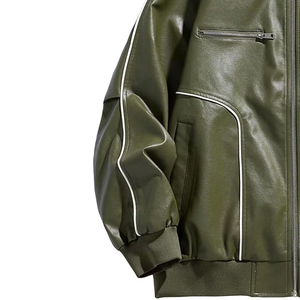 Veste en cuir véritable pour homme, coupe ample, fermeture éclair, coupe-vent, imperméable, à capuche, logo sur le devant, streetwear haut de gamme, fabricant OEM ODM sur mesure - Product Image 3