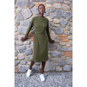 Vestido largo elástico con cuello redondo y mangas largas KADIN LYC KASKORSE YARI BALIKCI - HAKI - HAKI - Product Image 3