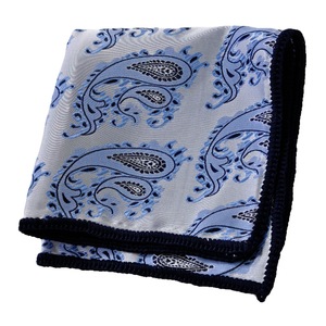 Handmade Knitted <b>Edge</b> Signature Border Pocket <b>Square</b> Silver Blue Paisley Design for Blazers Suits for Dining Formal Occasions - Product Image 2