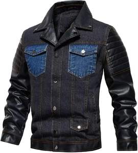 Manteau Slim pour Homme, Veste en Denim Faux Cuir Patchwork avec Col Montant, Fermeture Boutonnée sur le Devant, Languette de Taille Réglable, Poches Multiples - Product Image 2