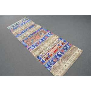 Alfombra Vintage de 2.3x7 pies, Alfombra Turca, Alfombra Marroquí de Lana Azul y Roja - Product Image 1