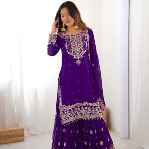 Traje Sharara de Alta Calidad, Última Tendencia, en Georgette Pesada con Bordado, Reversible, para Bodas y Fiestas - Product Image 1