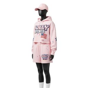 Ensemble court à capuche pour femme en coton et polyester molletonné, rose doux, avec impression sérigraphiée et logo personnalisé, 100 % coton - Product Image 4