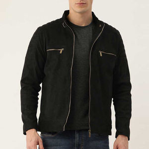 Veste motard en daim à col montant pour hommes Veste en cuir à logo personnalisable à prix de gros Veste en cuir à logo personnalisé Taille normale - Product Image 1