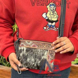 Mini sacs à bandoulière et à bandoulière en cuir de vachette usiné à la main pour femmes avec pochette à pompon et sacs à main au design floral. - Product Image 1