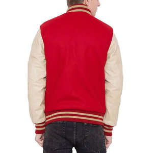 Blouson bomber rouge avec manches beiges Unisexe Col montant Boutonné Option logo personnalisé Vêtement d'extérieur chaud Style streetwear - Product Image 3