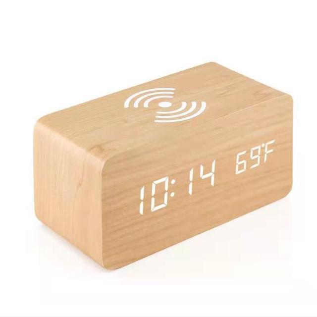 SHI11 Smart Wireless Charging Wooden LED Alarm Clock with Voice-Activated Display and Digital Thermometer for Office Desktop