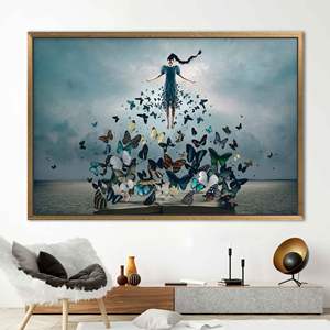 Lienzo Impreso: Decoración de Pared con Arte Abstracto de Mujer con Mariposas, 1 Pieza: Marco Dorado - Product Image 1