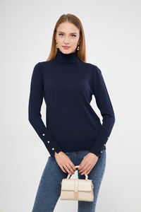Suéter de Punto para Mujer de Nuevo Estilo a la Moda, con Manga Larga, Cuello Alto y Botones, para Uso Deportivo, Casual, de Oficina y Elegante, Oportunidad de Venta al por Mayor - Product Image 2