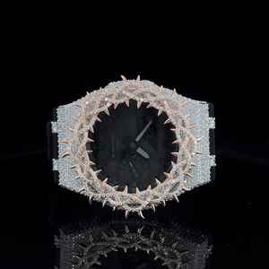 Montre squelette en acier inoxydable avec diamants en moissanite de luxe en gros, sertissage invisible, bracelet en cuir, aiguille, résistante à l'eau - Product Image 2