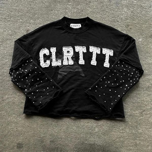 Custom Heavyweight Unisex Embroidered Long <b>Sleeve</b> Double Layered Oversized <b>Sweatshirt</b> Rhinestone Distressed high quality - Product Image 1