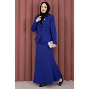 Conjunto de Dos Piezas para Mujer, Blazer y Falda Azul Marino, Estilo Casual y de Negocios, con Decoración de Botones, Corte Regular, Largo Completo - Product Image 1