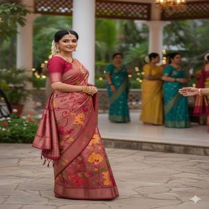 Sari de Seda Paithani VASTRA COTTAGE con Tejido Jacquard en Toda la Superficie, Diseño Tradicional con Blusa - Product Image 5