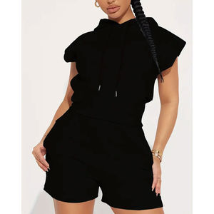 Vêtements pour femmes Logo personnalisé Sportswear ensemble court de haute qualité femmes deux pièces sweat à capuche court avec capuche cordon ensemble short - Product Image 5