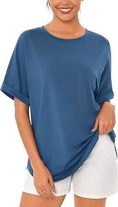 เสื้อยืดคอกลมแขนสั้นทรงหลวมสีน้ำเงินของผู้หญิงผ้าแคนวาสแฟชันลำลองฤดูร้อนพิมพ์โลโก้ออกแบบได้ตามต้องการ - Product Image 5