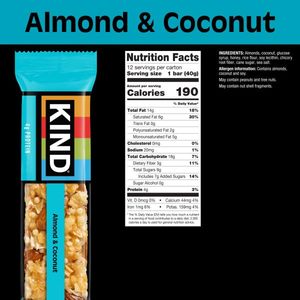 KIND Nut <b>Bars</b>, Almond & Coconut, Healthy <b>Snack</b> <b>Bars</b>, Gluten Free, Low Sodium, 3g Protein, 12 Count - Product Image 3