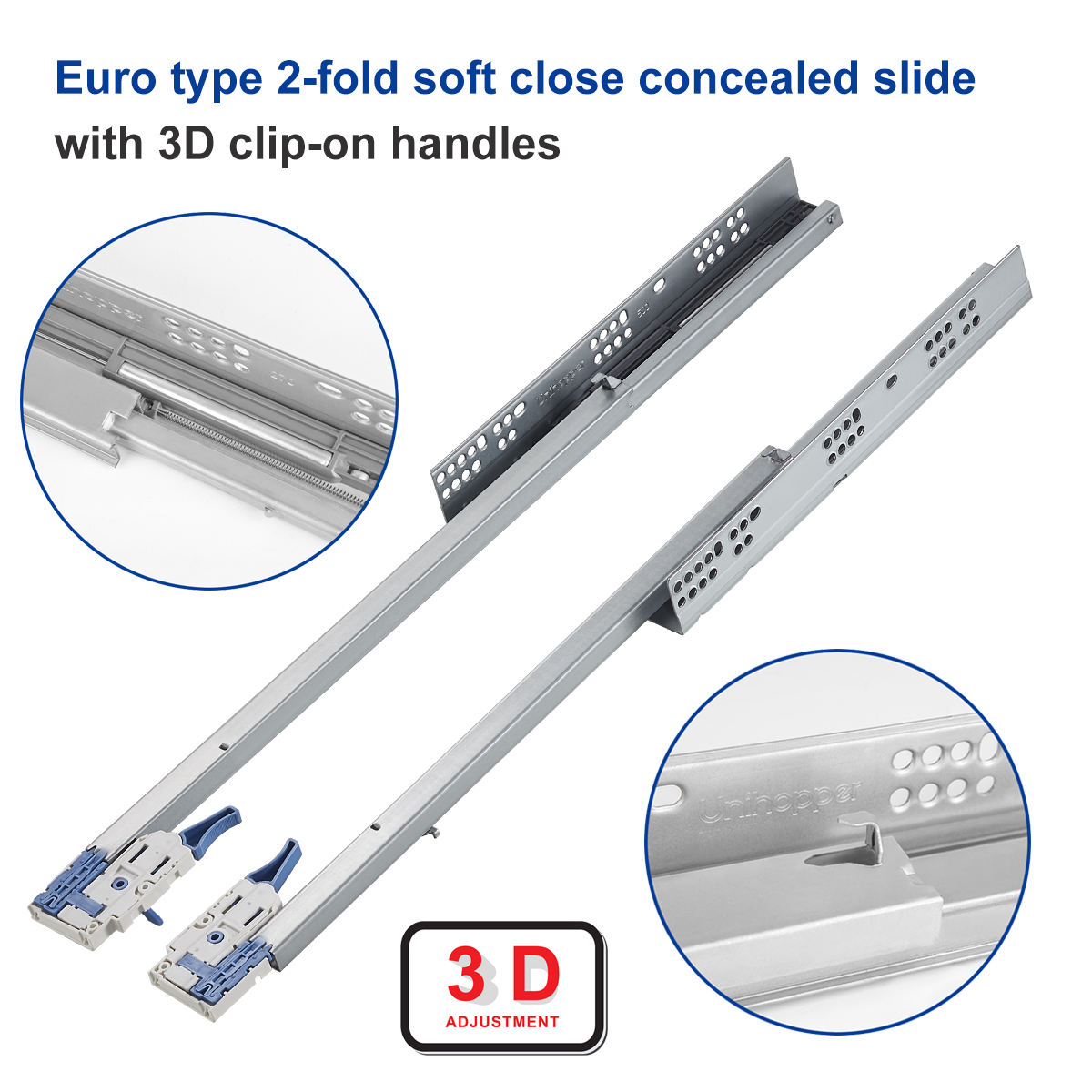 Poignées Euro type 2 à fermeture douce et à clipser 3D