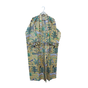 Vestido tipo kimono con cuello en V de algodón puro 100% hecho a mano para mujer, elegante estampado floral de la jungla, verde, ropa de playa alta-Baja, salón para verano - Product Image 5