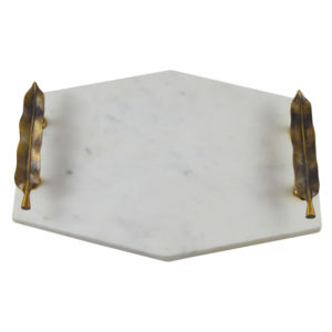 Plateau de service créatif fait à la main à six côtés hexagone blanc avec poignées en métal doré plateau de service en marbre décoratif de noël - Product Image 1