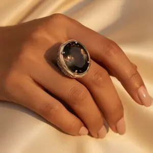 Bague bohème en quartz fumé et topaze plaquée rhodium faite à la main pour femmes - Certifiée GRS - Product Image 3