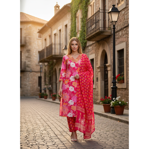 Conjunto de Kurta de Algodón con Estampado Floral Rosa Brillante para Mujer, con Dupatta, Estilo Pakistaní, Lehenga Choli, Ropa Festiva y Étnica - Product Image 1