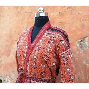 Estilo indio hecho a mano Maxi vestido espejo trabajo borde diseño Kantha Kimono venta al por mayor Ajrakh impreso algodón tejido de talla grande - Product Image 4