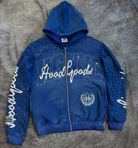 Sweat-shirts à capuche zippés en coton 100% respirant, 420 g/m², avec impression personnalisée streetwear, effet délavé au soleil, patch en strass - Product Image 6