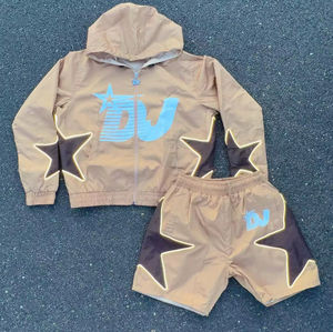 2024 New Design Eco-Friendly Men's Casual Streetwear Windbreaker Tracksuit <b>Shorts</b> Set Solid Puff Print Two Piece Full <b>Zip</b> Hoodie - Product Image 2