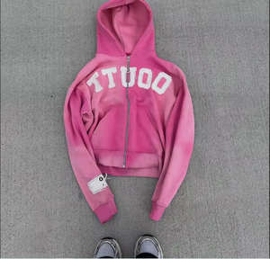 Sweat à capuche pour hommes 450 GSM Heavyweight Custom Distressed Embroidery Hoodie 100% Cotton Full Face Zip Streetwear for Winter Comfort Plain Dyed - Product Image 3