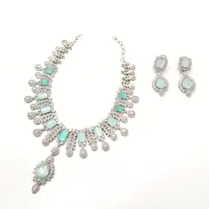 2024 Latest Design Sparkling Stones Jewelry making Ocean Green Color Stone Necklace With Earrings For Women