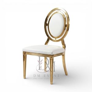 Chaise de mariage en acier inoxydable doré à double anneau et dossier médaillon, avec coussin blanc, pour banquets et événements hôteliers - Vente en gros de sièges - Product Image 3
