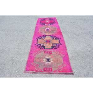 Tapis turc vintage bohème rose et orange 3.3 X 10.4ft grande surface Patchwork Design pour couloir et chambre Latex soutenu pour chevet - Product Image 1