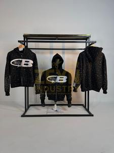 Nouveaux sweats à capuche pour hommes avec impression graphique et strass, logo personnalisé, streetwear en coton, sweats à capuche personnalisés respirants avec patchwork - Product Image 4