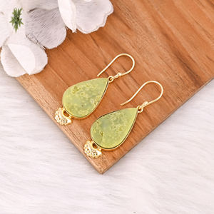 Designer Brass Gold Plated Gemstone <b>Earrings</b> With Green <b>Opal</b> Elegant Brass Drop <b>Earrings</b> With Shine And Finish For Birthday Gift - Product Image 3