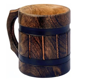 Authentique chope à bière en bois de qualité supérieure 100% Stein naturel fait à la main rétro marron avec poignée de direction pour boissons froides ou vin blanc - Product Image 2