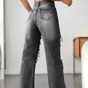 กางเกงยีนส์ขาตรงสไตล์ลำลองสำหรับผู้หญิง, กางเกงยีนส์ซักด้วยเชือกรูดกางเกงยีนส์อเนกประสงค์สำหรับใช้ในชีวิตประจำวัน - Product Image 1