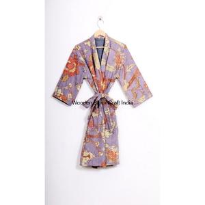 Robe courte kimono vintage pour femmes en coton biologique Kantha matelassée, faite à la main, mode indienne pour les festivals, vêtements de nuit, veste confortable - Product Image 6