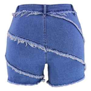 Pantalones cortos de mezclilla de cintura alta para mujer, decoración de encaje, venta al por mayor, pantalones de moda Vintage sin forro con cremallera, borde crudo, recto para verano - Product Image 5