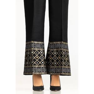Pantalon évasé noir 100% soie brute imprimé au bloc, taille haute avec broderie à la main, tissu crêpe TR-24-22 - Product Image 1