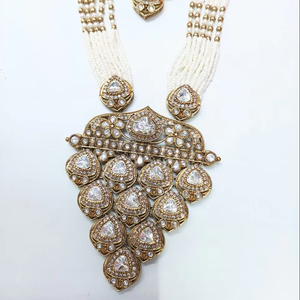 Fleur indienne fantaisie traditionnelle Motipearl & Kundan Long Mala ton or Kundan perle Long collier avec boucles d'oreilles assorties ensemble femmes - Product Image 1