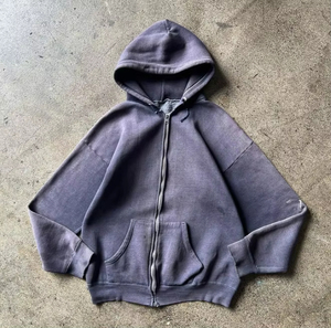 Streetwear Vintage surdimensionné gaufré goutte épaule poids lourd 100% coton hommes soleil délavé en détresse lavage à l'acide fermeture éclair sweats à capuche - Product Image 5